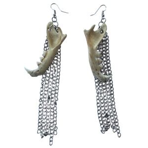 Silver Dangling Chains Jawbone Mandible Earrings Animal Bone Jewelry Goth
